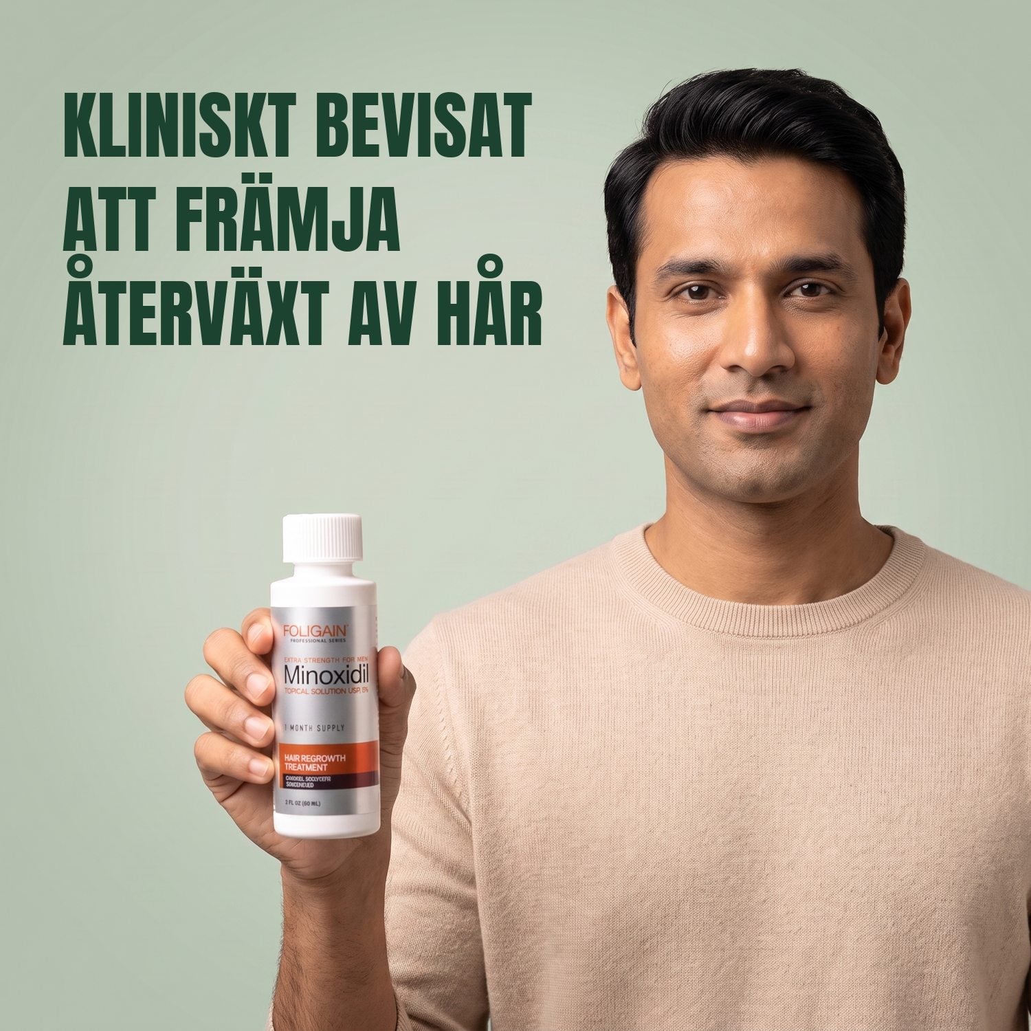 Man holding the Foligain Minoxidil 5% lotion bottle for men against a green background