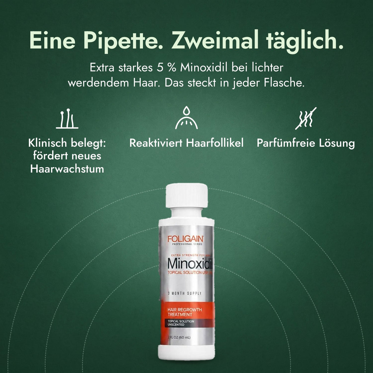 Foligain Minoxidil 5 % für Männer: Eine Pipette. Zweimal täglich. Klinisch belegt: fördert neues Haarwachstum, Reaktiviert Haarfollikel, Parfümfreie Lösung