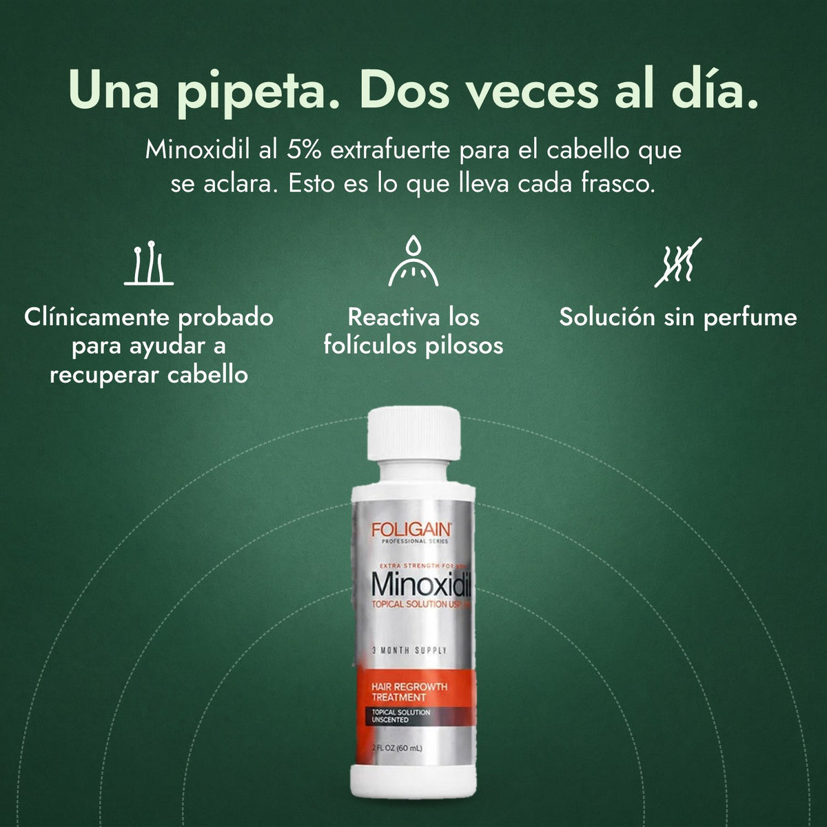 Foligain Minoxidil 5% para Hombres: Una pipeta. Dos veces al día. Clínicamente probado para ayudar a recuperar cabello, Reactiva los folículos pilosos, Solución sin perfume