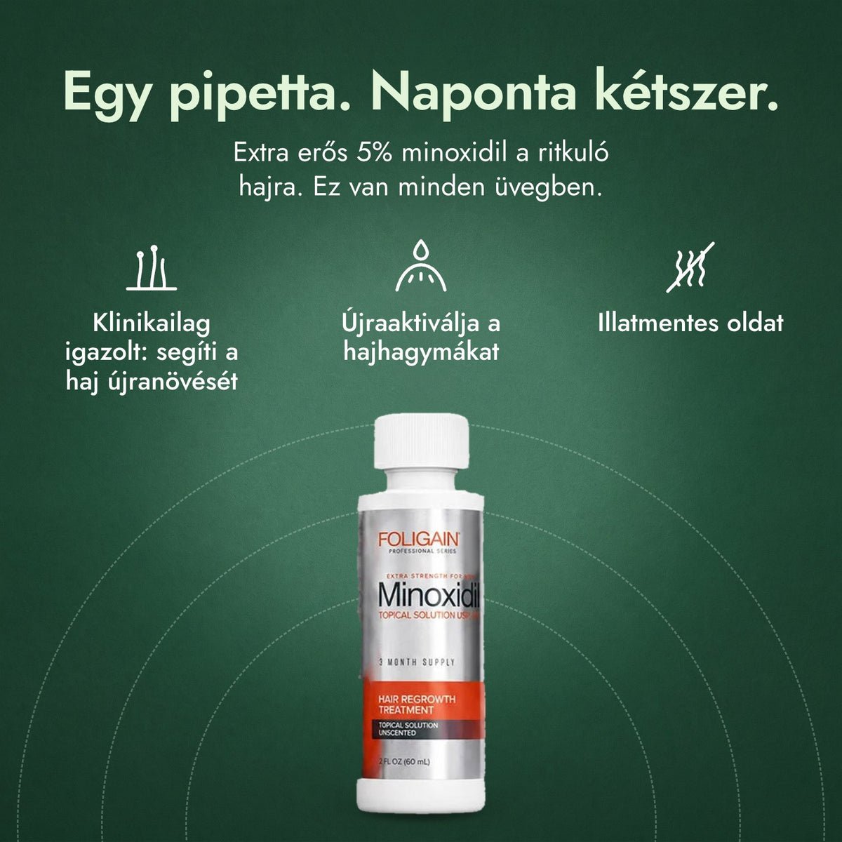 Foligain Minoxidil 5% férfiaknak: Egy pipetta. Naponta kétszer. Klinikailag igazolt: segíti a haj újranövését, Újraaktiválja a hajhagymákat, Illatmentes oldat