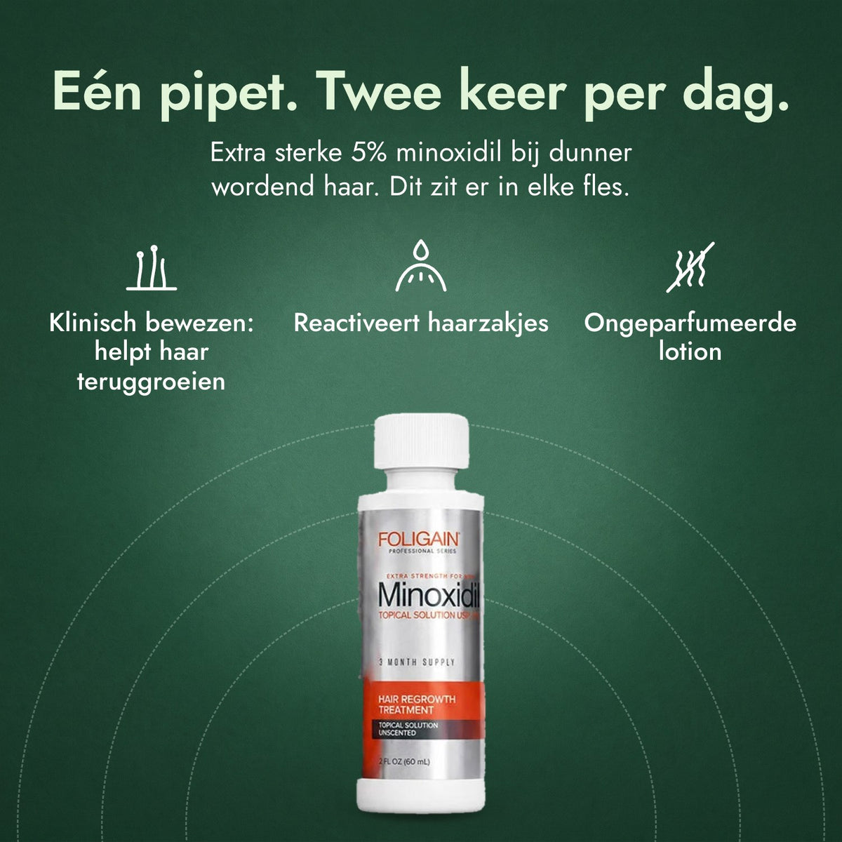 Foligain Minoxidil 5% voor mannen: Eén pipet. Twee keer per dag. Klinisch bewezen: helpt haar teruggroeien, Reactiveert haarzakjes, Ongeparfumeerde lotion