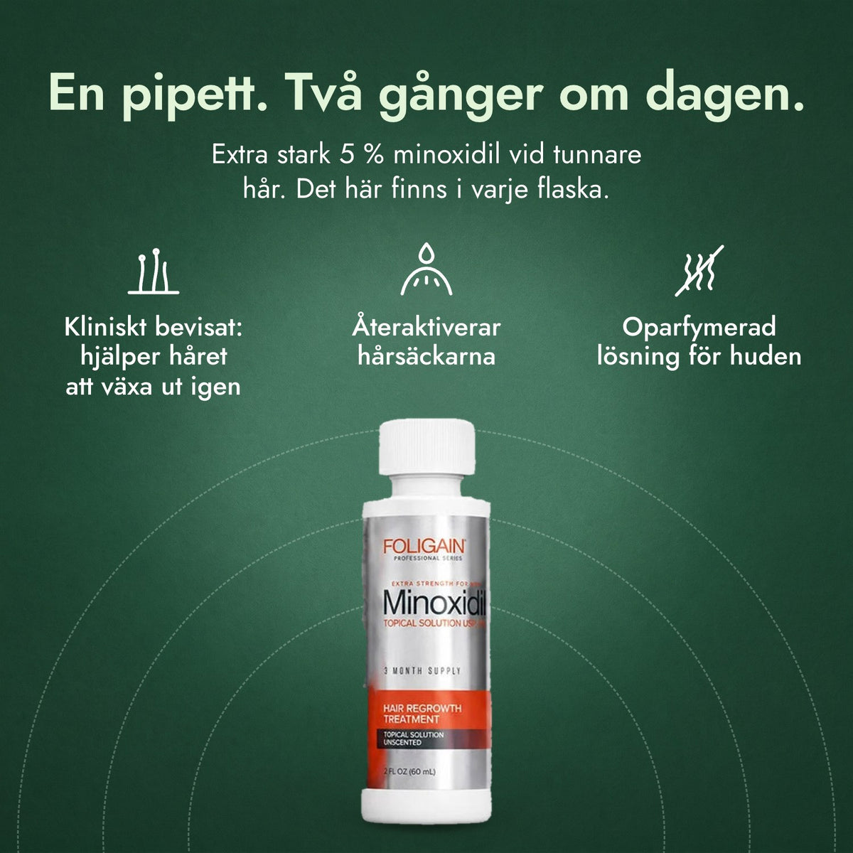 Foligain Minoxidil 5 % för män: En pipett. Två gånger om dagen. Kliniskt bevisat: hjälper håret att växa ut igen, Återaktiverar hårsäckarna, Oparfymerad lösning för huden