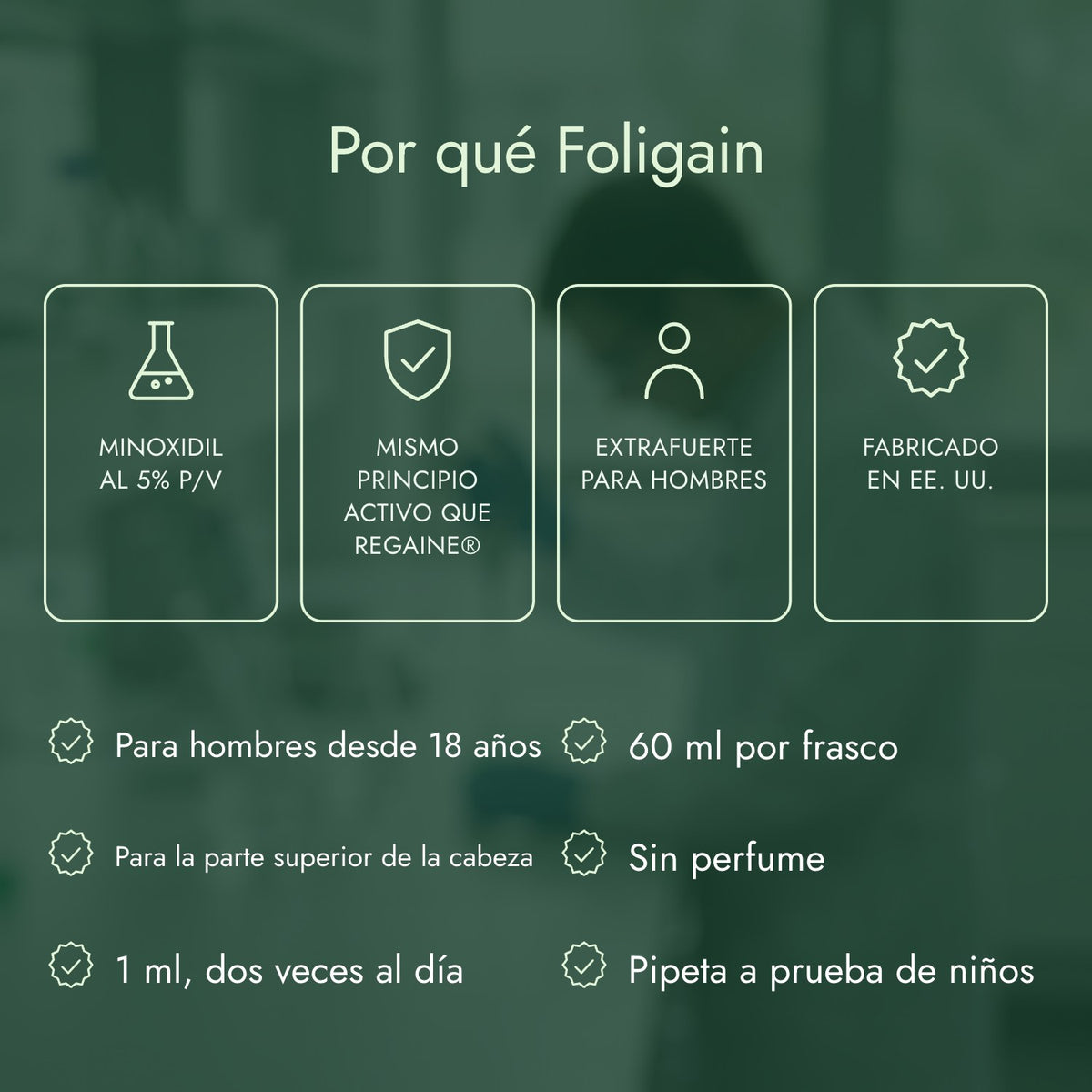 Por qué Foligain: Minoxidil al 5% p/v, Mismo principio activo que Regaine®, Extrafuerte para hombres, Fabricado en EE. UU.