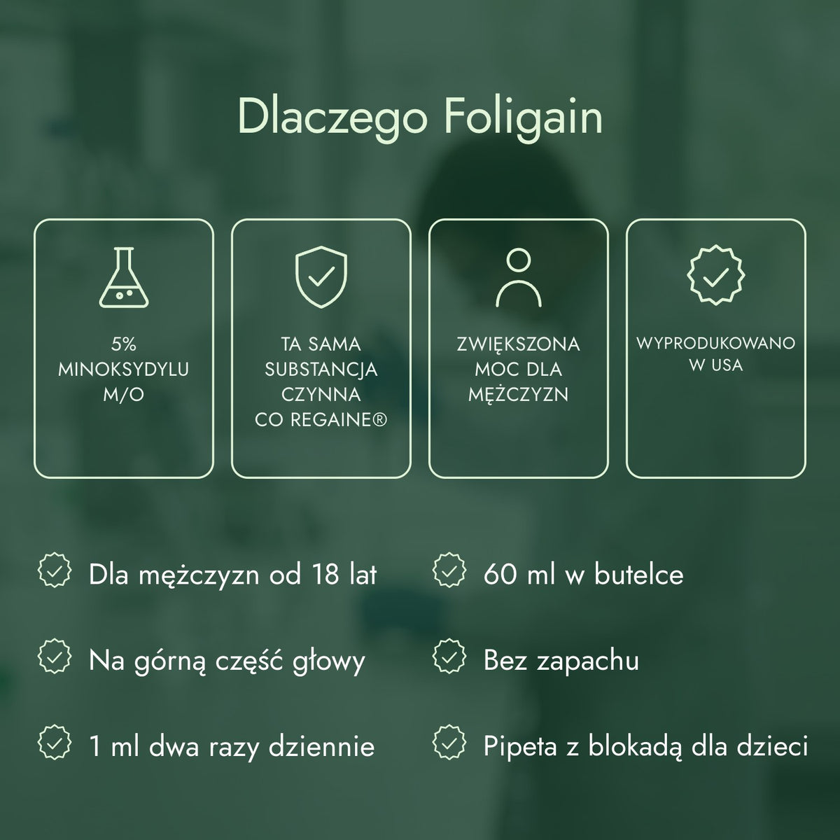 Dlaczego Foligain: 5% minoksydylu m/o, Ta sama substancja czynna co Regaine®, Zwiększona moc dla mężczyzn, Wyprodukowano w USA