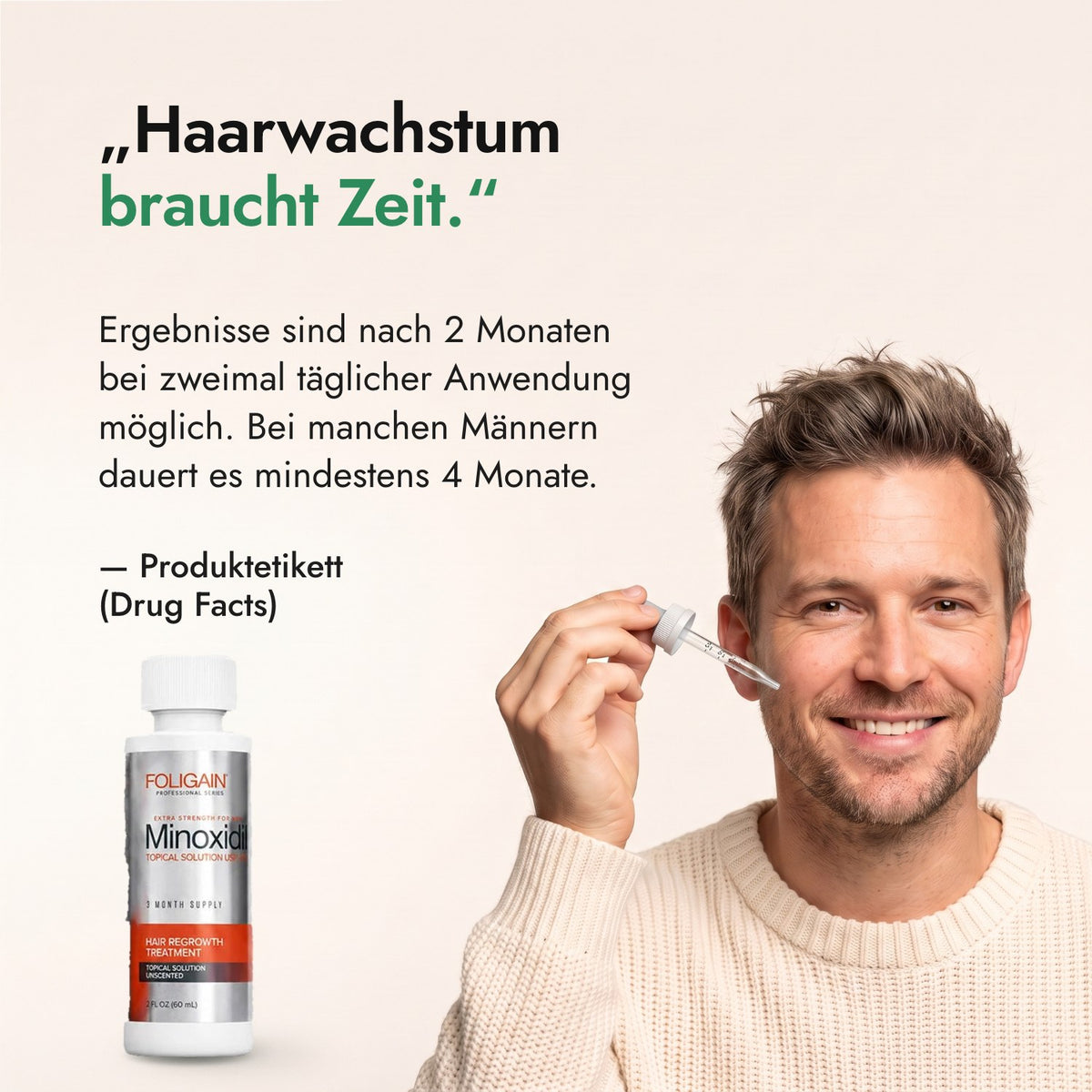 Haarwachstum braucht Zeit. — Produktetikett (Drug Facts)