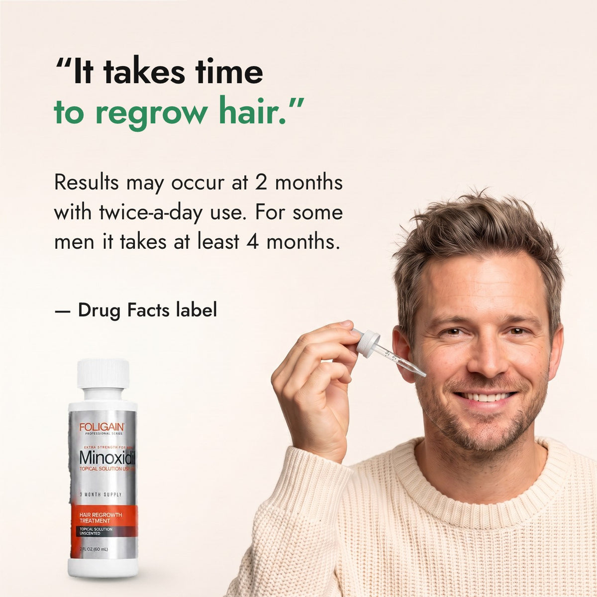 It takes time to regrow hair. — Drug Facts label