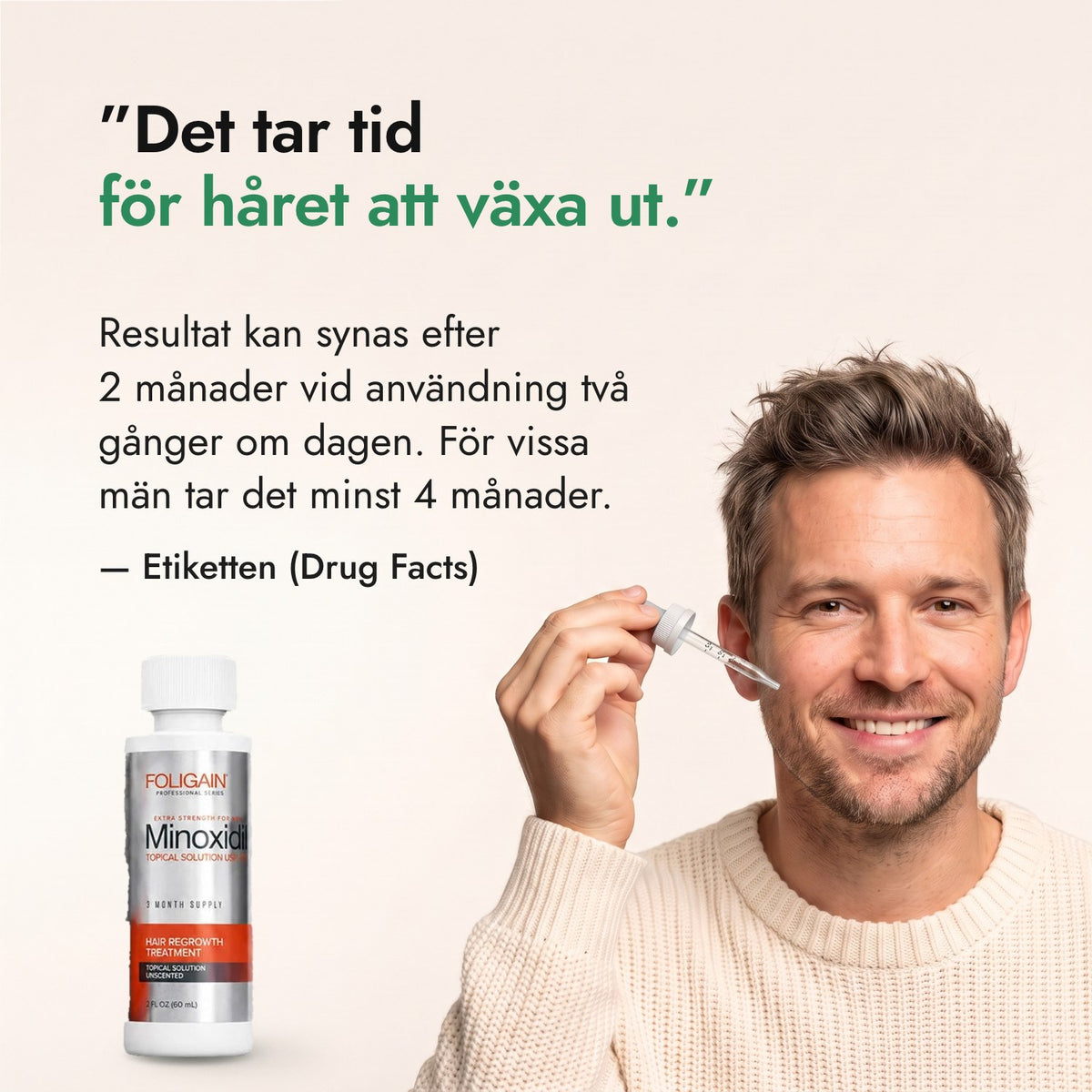Det tar tid för håret att växa ut. — Etiketten (Drug Facts)
