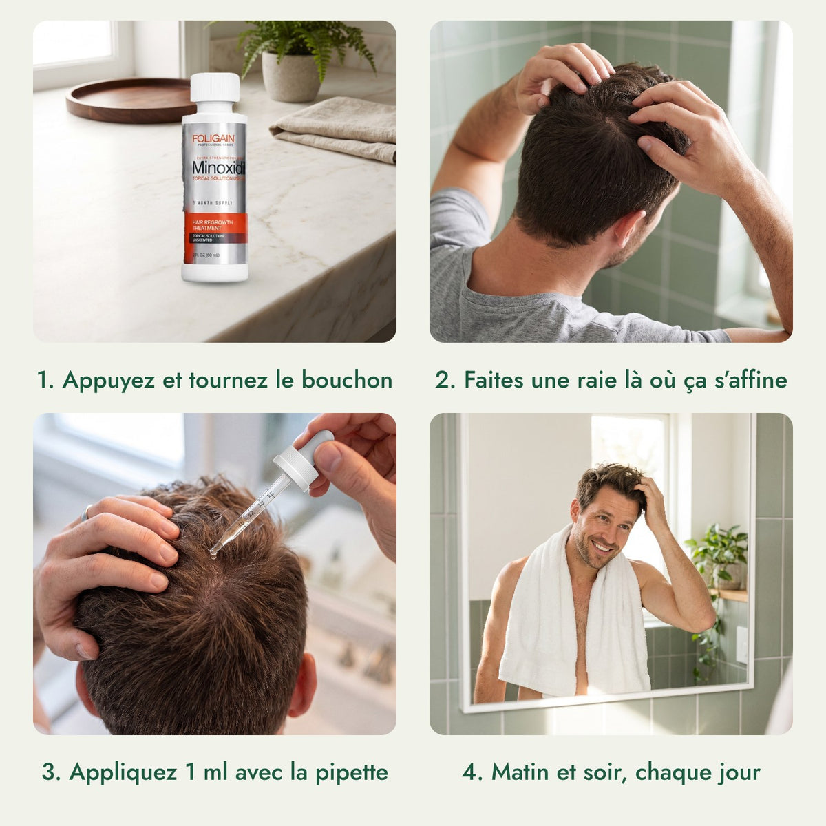 Foligain Minoxidil 5 % pour hommes: Appuyez et tournez le bouchon, Faites une raie là où ça s’affine, Appliquez 1 ml avec la pipette, Matin et soir, chaque jour