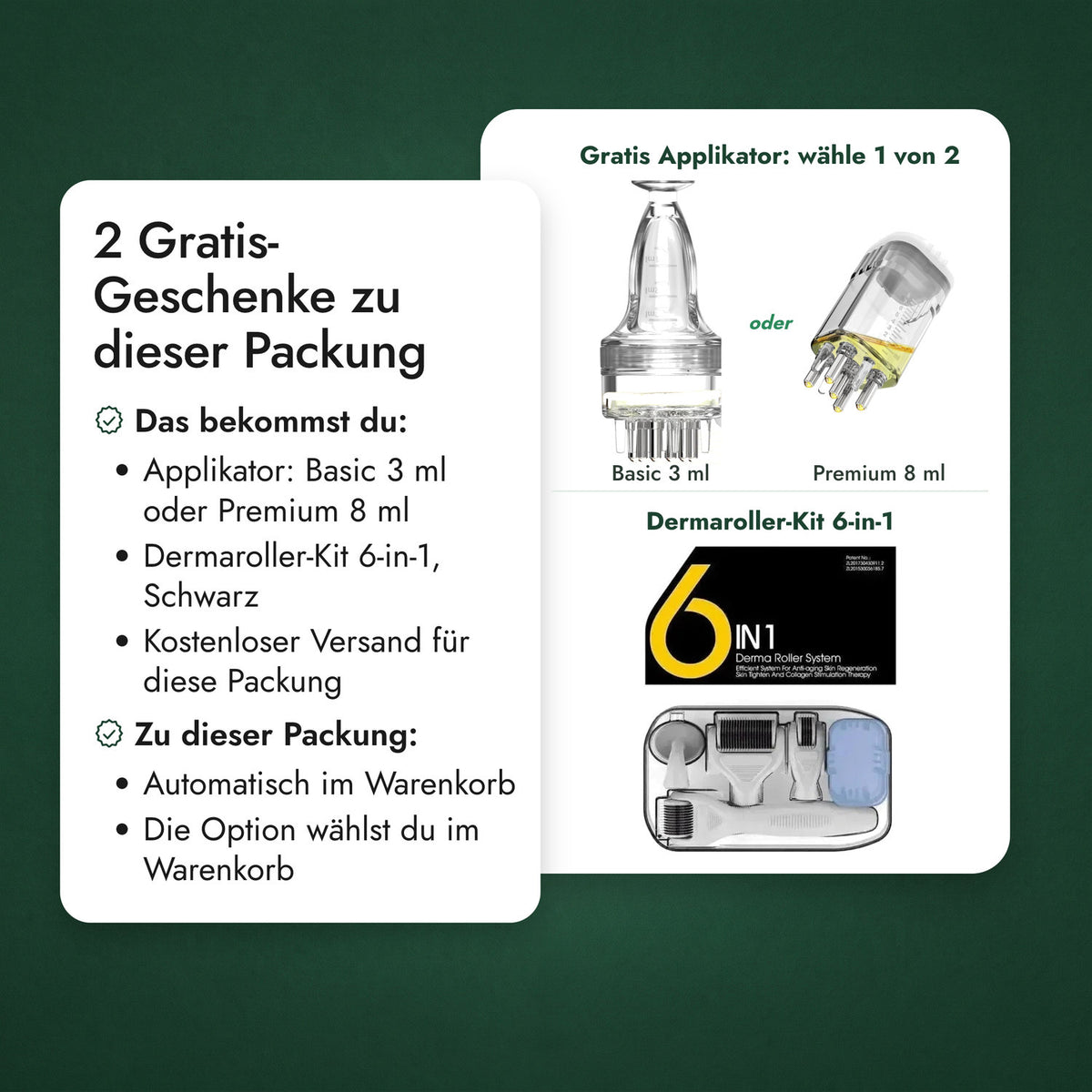 2 Gratis-Geschenke zu dieser Packung: Gratis Applikator: wähle 1 von 2, Dermaroller-Kit 6-in-1