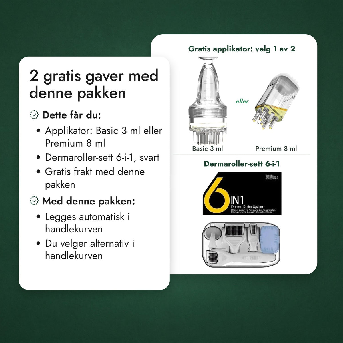 2 gratis gaver med denne pakken: Gratis applikator: velg 1 av 2, Dermaroller-sett 6-i-1