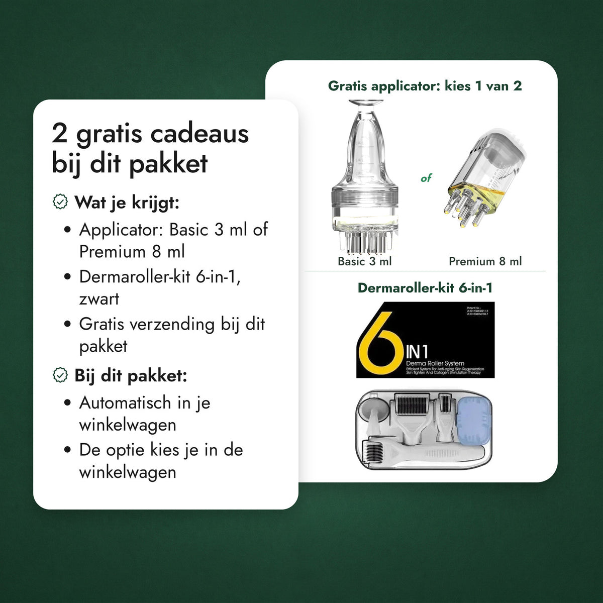 2 gratis cadeaus bij dit pakket: Gratis applicator: kies 1 van 2, Dermaroller-kit 6-in-1