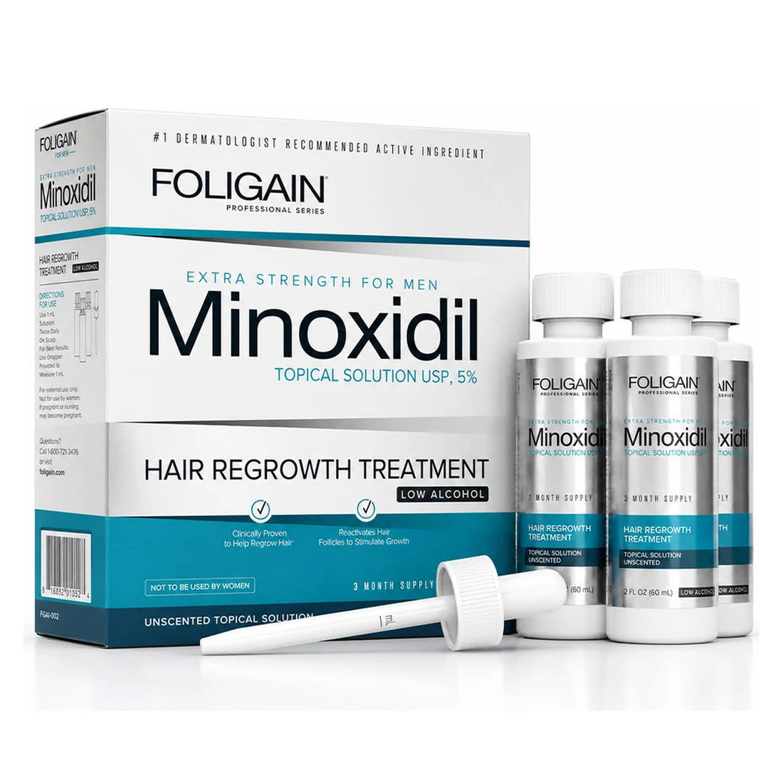 Foligain Minoxidil Lotion 5% for Men Sensitive Skin 3-month supply box with three 60 ml bottles and dropper