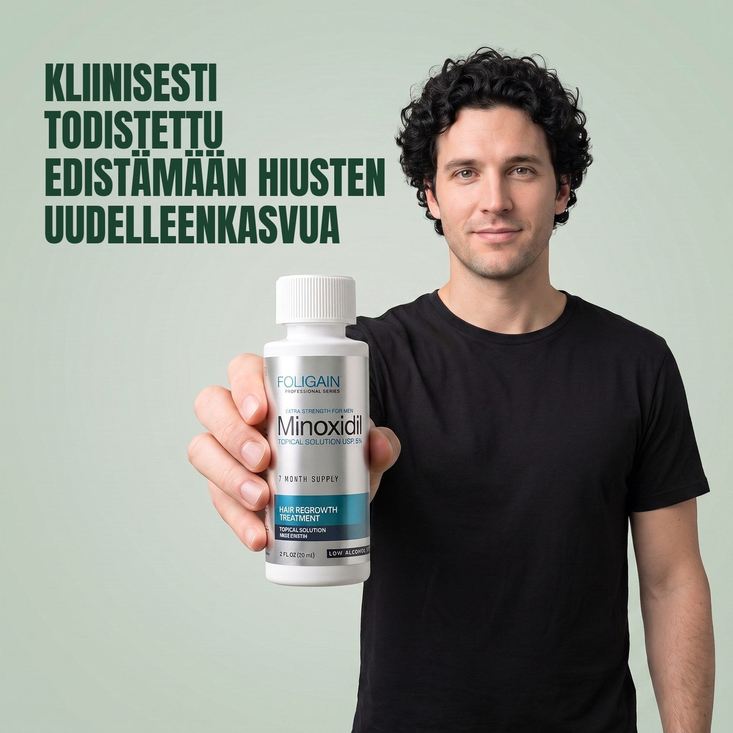 Man holding the Foligain Minoxidil 5% sensitive skin lotion bottle for men against a green background