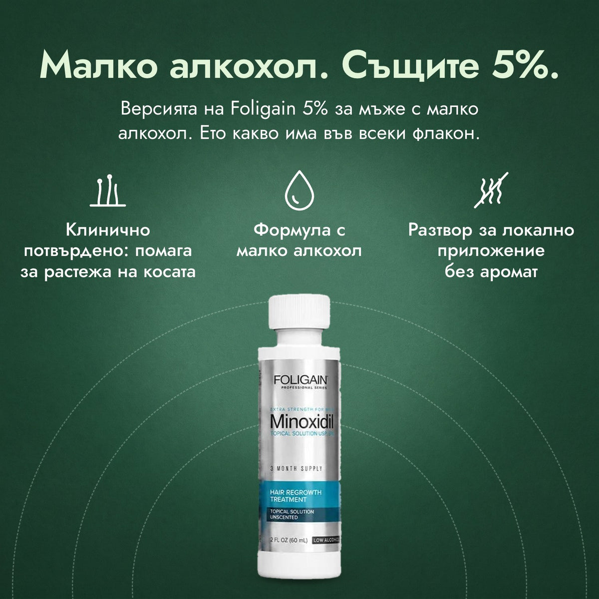 Foligain Low Alcohol, миноксидил 5% за мъже: Малко алкохол. Същите 5%. Клинично потвърдено: помага за растежа на косата, Формула с малко алкохол, Разтвор за локално приложение без аромат