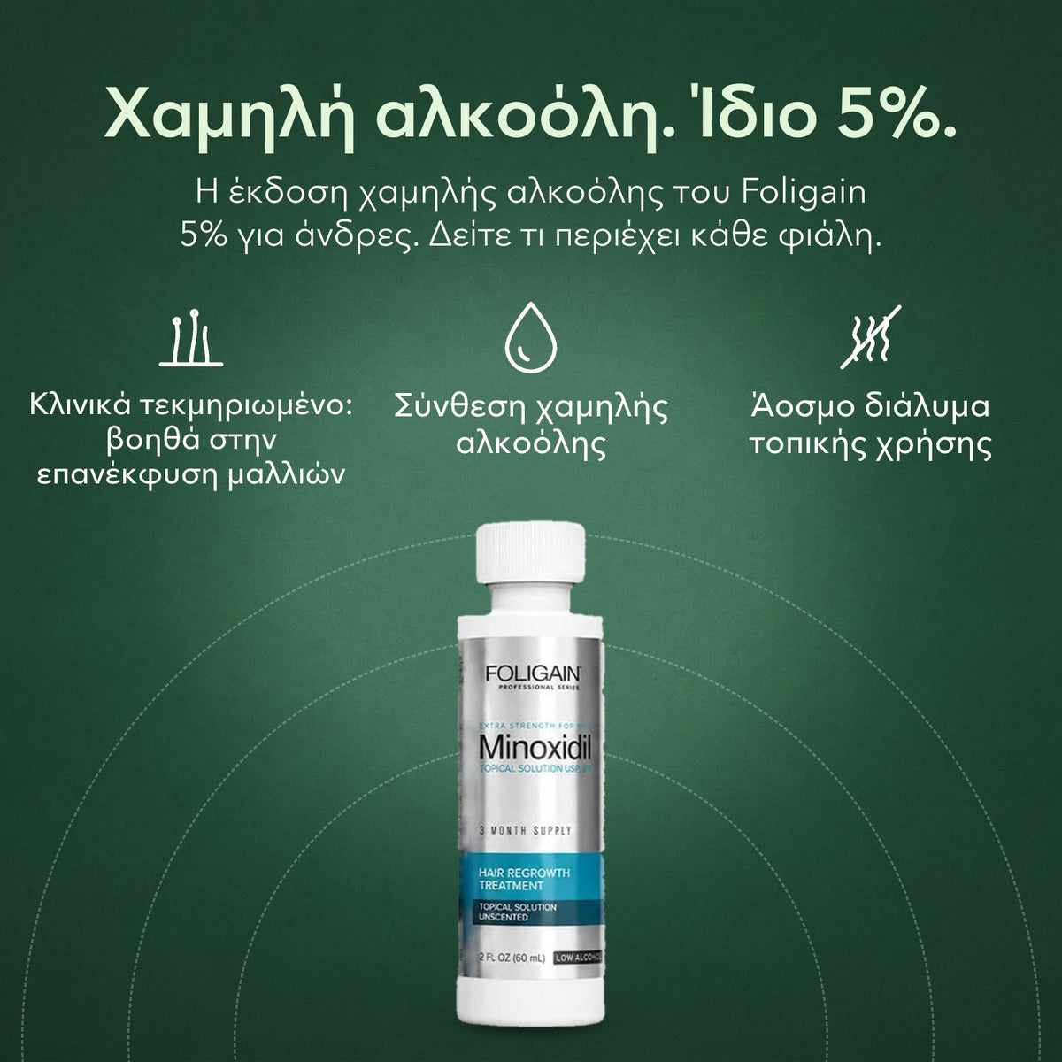 Foligain μινοξιδίλη 5% χαμηλής αλκοόλης για άνδρες: Χαμηλή αλκοόλη. Ίδιο 5%. Κλινικά τεκμηριωμένο: βοηθά στην επανέκφυση μαλλιών, Σύνθεση χαμηλής αλκοόλης, Άοσμο διάλυμα τοπικής χρήσης
