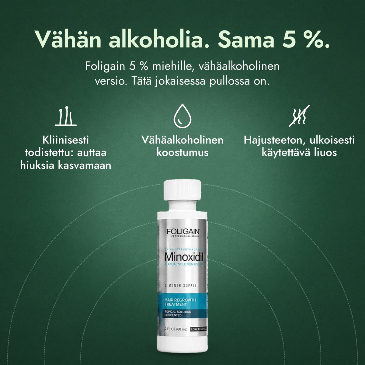 Foligain Low Alcohol minoksidiili 5 % miehille: Vähän alkoholia. Sama 5 %. Kliinisesti todistettu: auttaa hiuksia kasvamaan, Vähäalkoholinen koostumus, Hajusteeton, ulkoisesti käytettävä liuos