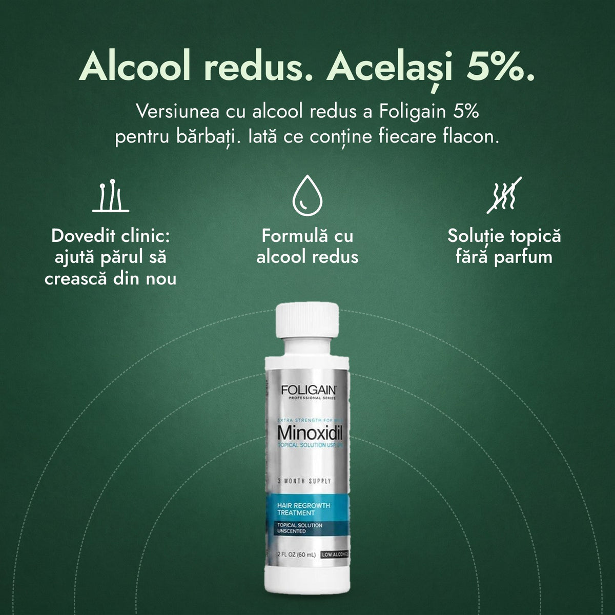 Foligain Low Alcohol minoxidil 5% pentru bărbați: Alcool redus. Același 5%. Dovedit clinic: ajută părul să crească din nou, Formulă cu alcool redus, Soluție topică fără parfum