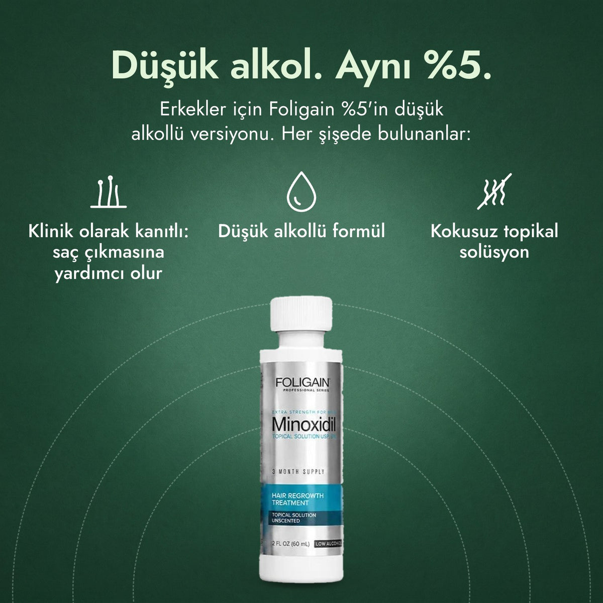 Erkekler için Foligain Low Alcohol %5 Minoksidil: Düşük alkol. Aynı %5. Klinik olarak kanıtlı: saç çıkmasına yardımcı olur, Düşük alkollü formül, Kokusuz topikal solüsyon