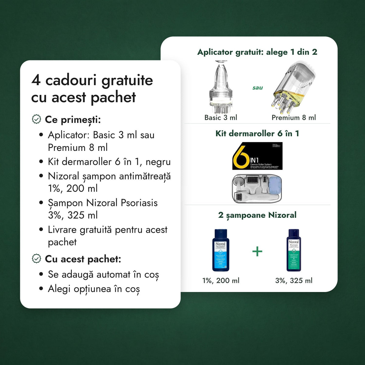 3 cadouri gratuite cu acest pachet: Aplicator gratuit: alege 1 din 2, Kit dermaroller 6 în 1, 2 șampoane Nizoral
