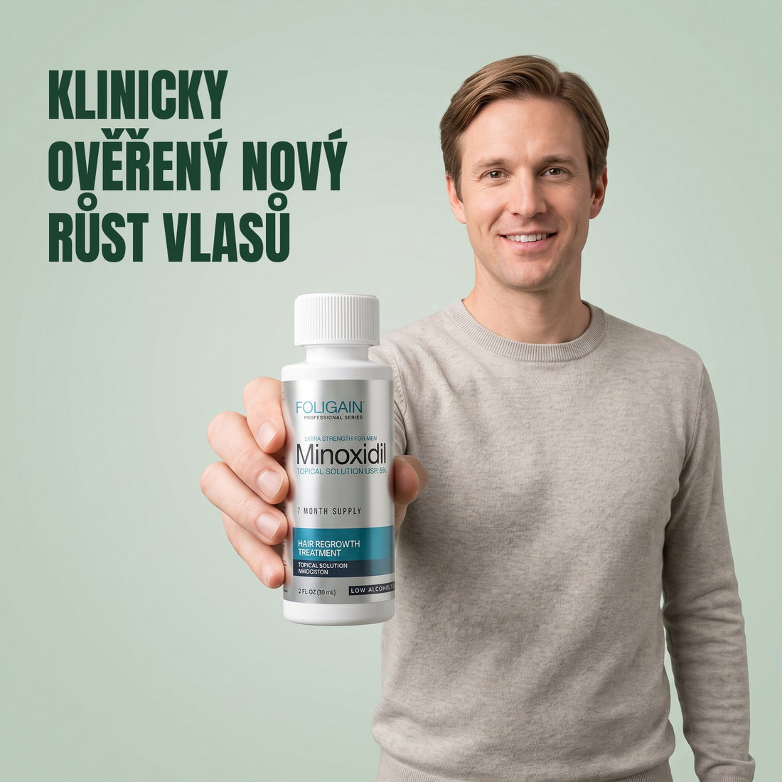 Foligain Minoxidil roztok 5% pro muže s citlivou pokožkou, balení na 3 měsíce se třemi 60ml lahvičkami a kapátkem