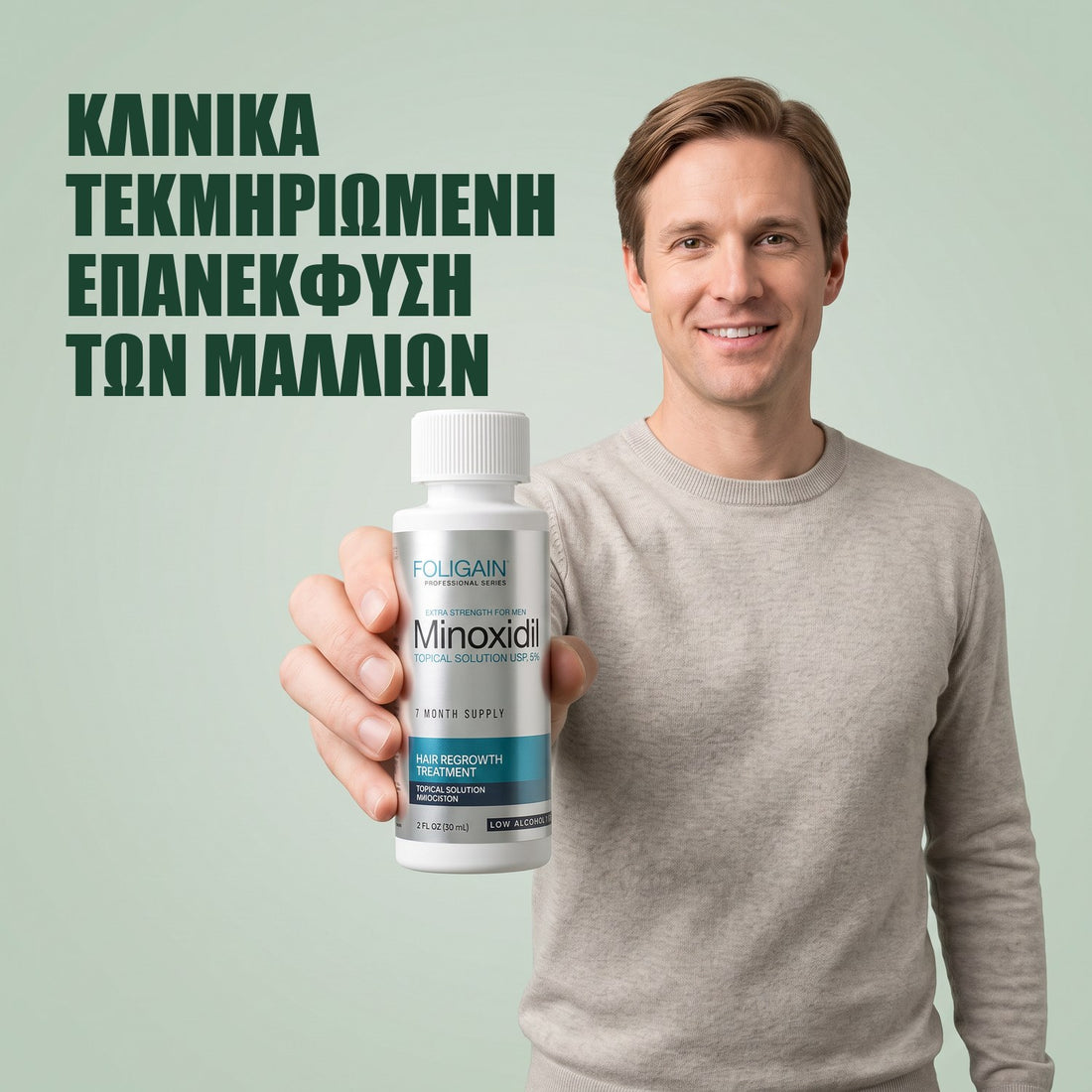 Foligain Διάλυμα Μινοξιδίλης 5% για Άνδρες με Ευαίσθητο Δέρμα, κουτί ποσότητας για 3 μήνες με τρία φιαλίδια των 60 ml και σταγονόμετρο
