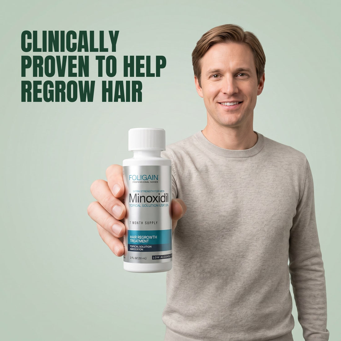 Man holding a Foligain Minoxidil 5% sensitive skin lotion bottle against a green background