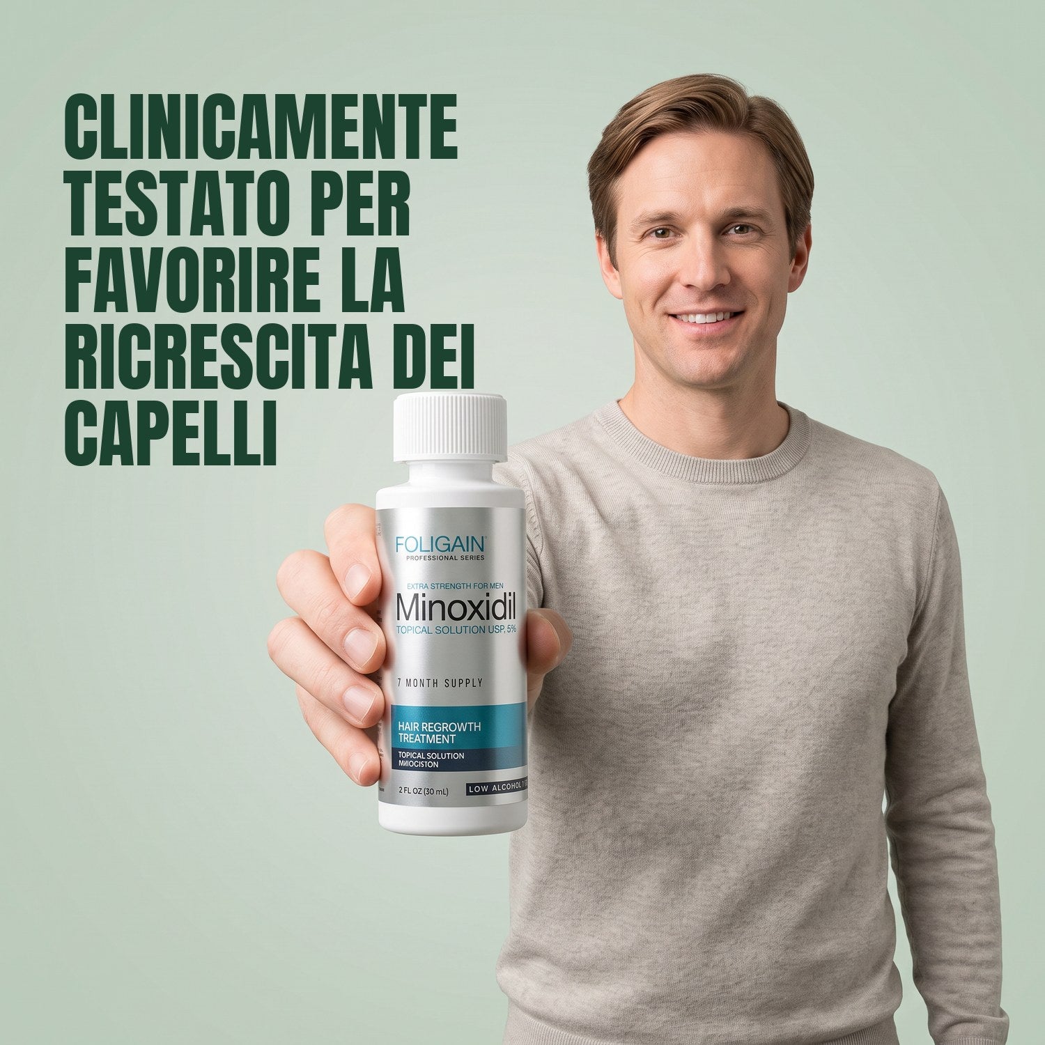 Man holding a Foligain Minoxidil 5% sensitive skin lotion bottle against a green background