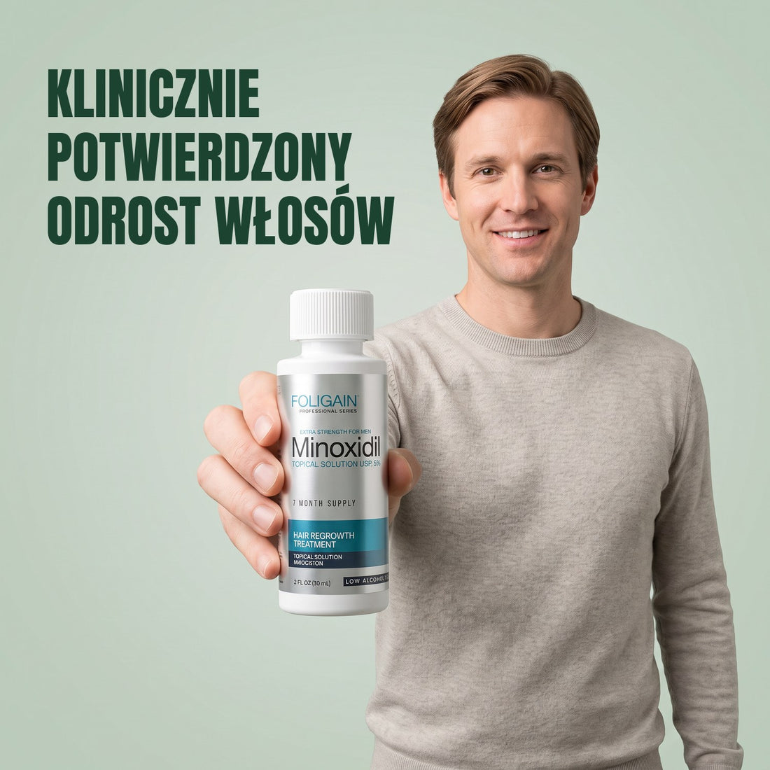 Foligain Płyn z minoksydylem 5% dla mężczyzn, skóra wrażliwa, zapas na 3 miesiące, pudełko z trzema butelkami 60 ml i kroplomierzem