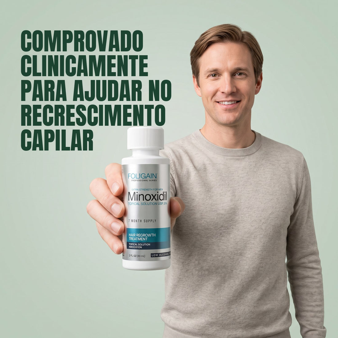 Loção Capilar Foligain Minoxidil 5% para Homens Pele Sensível, caixa com suprimento para 3 meses, três frascos de 60 ml e conta-gotas