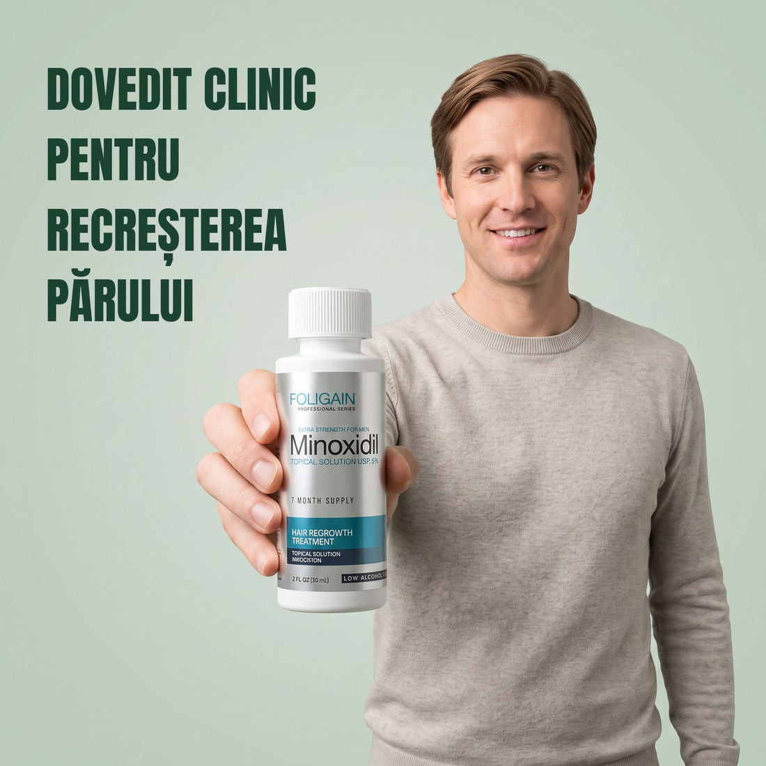 Foligain Minoxidil Loțiune 5% pentru bărbați, piele sensibilă, cutie cu rezervă pentru 3 luni, trei flacoane de 60 ml și pipetă