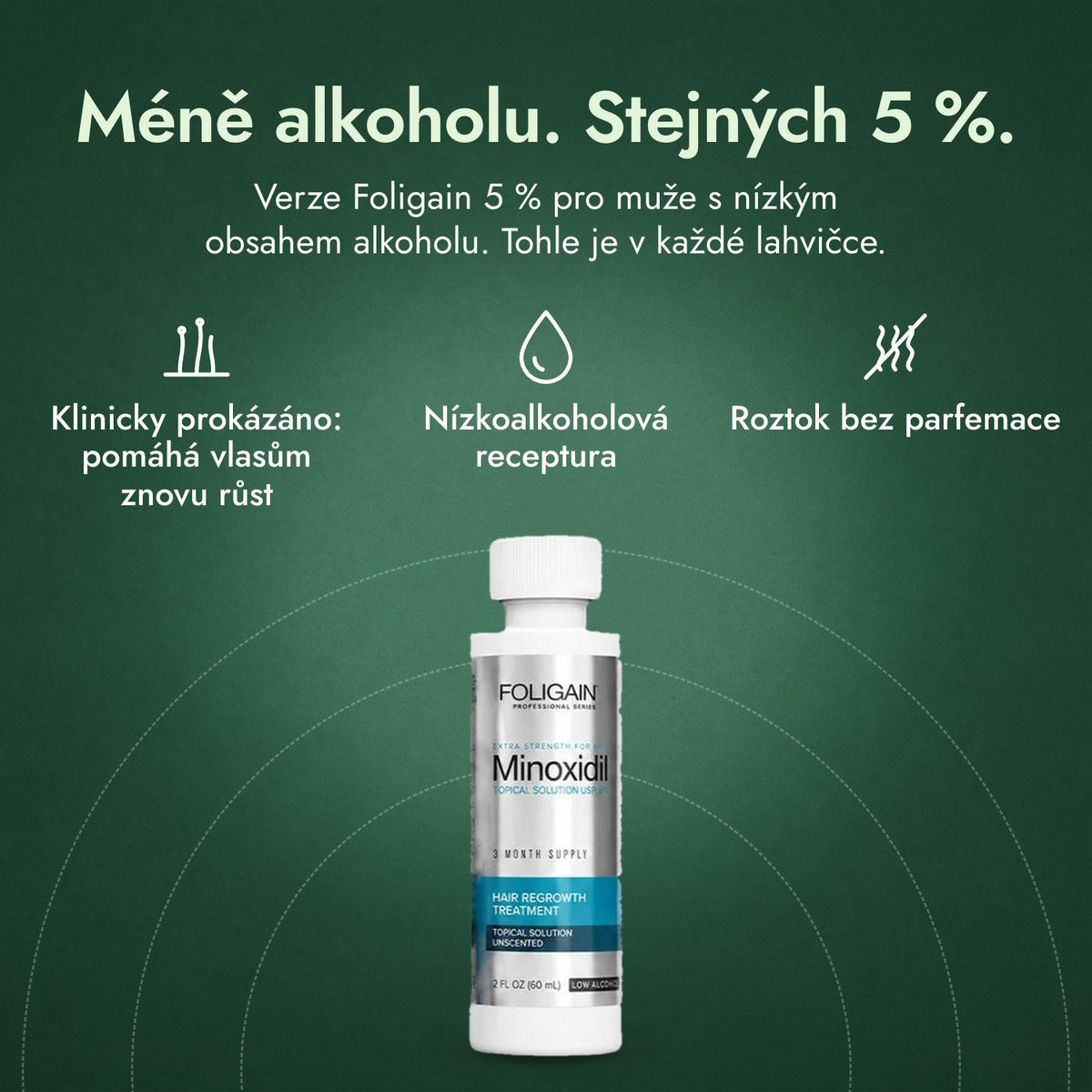 Foligain Minoxidil 5 % s nízkým obsahem alkoholu pro muže: Méně alkoholu. Stejných 5 %. Klinicky prokázáno: pomáhá vlasům znovu růst, Nízkoalkoholová receptura, Roztok bez parfemace