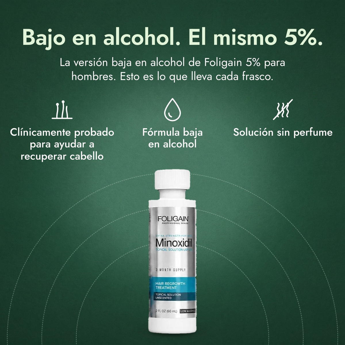 Foligain Minoxidil 5% Bajo en Alcohol para Hombres: Bajo en alcohol. El mismo 5%. Clínicamente probado para ayudar a recuperar cabello, Fórmula baja en alcohol, Solución sin perfume