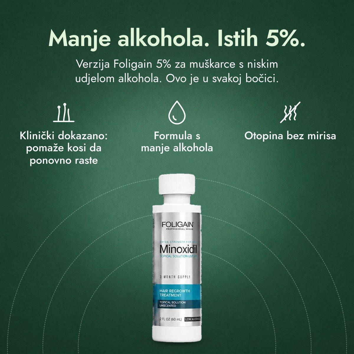 Foligain Minoxidil 5% s niskim udjelom alkohola za muškarce: Manje alkohola. Istih 5%. Klinički dokazano: pomaže kosi da ponovno raste, Formula s manje alkohola, Otopina bez mirisa
