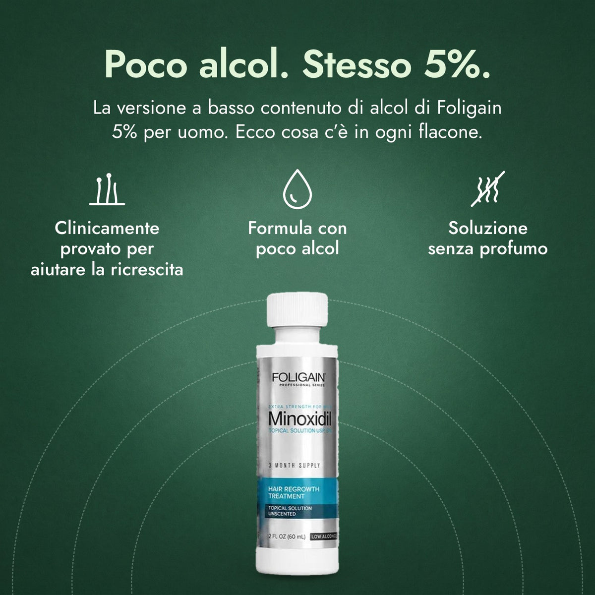 Foligain Minoxidil 5% Basso Alcol Uomo: Poco alcol. Stesso 5%. Clinicamente provato per aiutare la ricrescita, Formula con poco alcol, Soluzione senza profumo