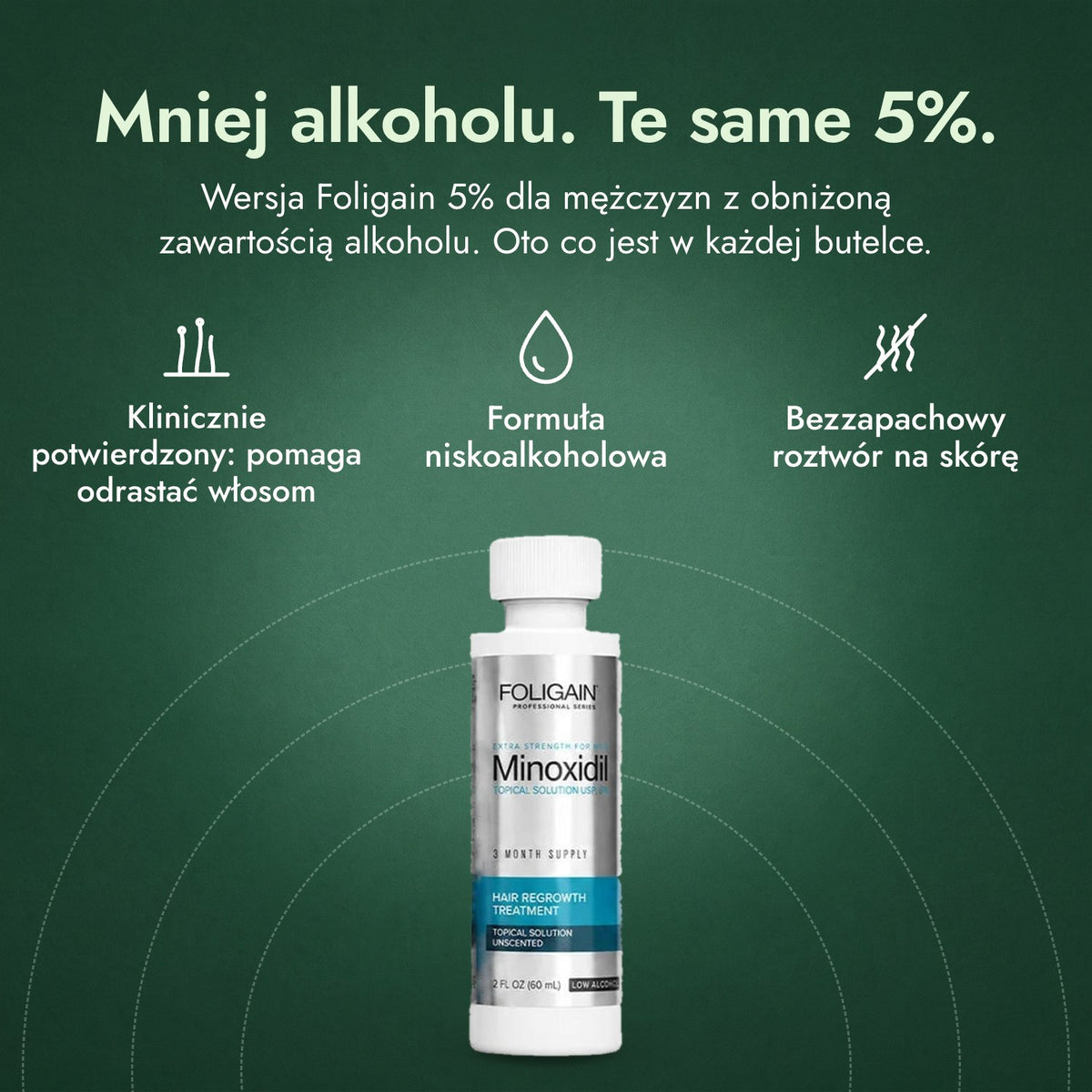 Foligain Low Alcohol minoksydyl 5% dla mężczyzn: Mniej alkoholu. Te same 5%. Klinicznie potwierdzony: pomaga odrastać włosom, Formuła niskoalkoholowa, Bezzapachowy roztwór na skórę