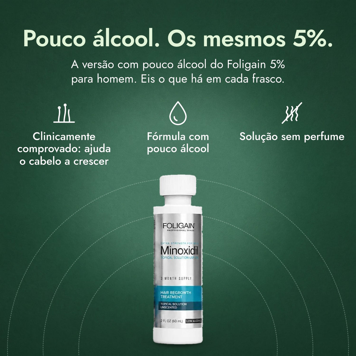 Foligain Minoxidil 5% Baixo Teor de Álcool para Homem: Pouco álcool. Os mesmos 5%. Clinicamente comprovado: ajuda o cabelo a crescer, Fórmula com pouco álcool, Solução sem perfume