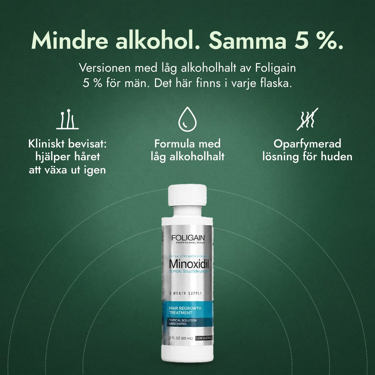 Foligain Minoxidil 5 % med låg alkoholhalt för män: Mindre alkohol. Samma 5 %. Kliniskt bevisat: hjälper håret att växa ut igen, Formula med låg alkoholhalt, Oparfymerad lösning för huden
