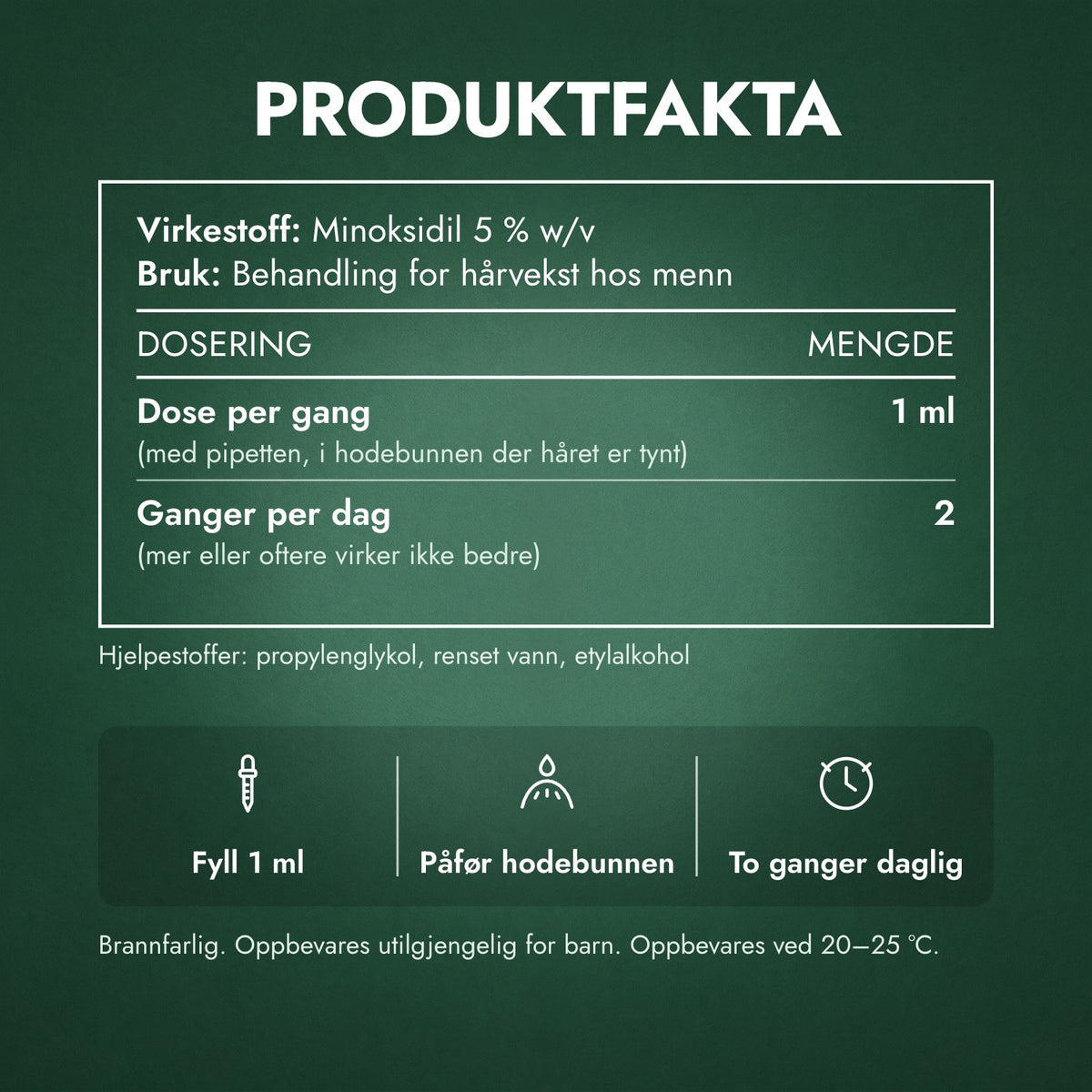 Produktfakta: Foligain minoksidil 5 % for menn, lavt alkoholinnhold
