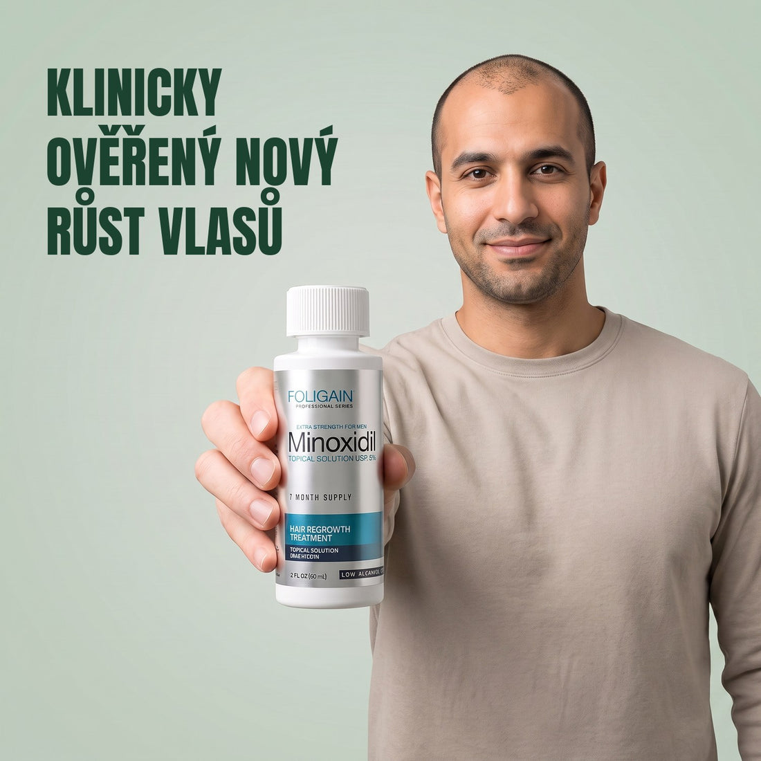 Foligain Minoxidil roztok 5% pro muže – citlivá pokožka – zásoba na 6 měsíců — obal produktu na bílém pozadí