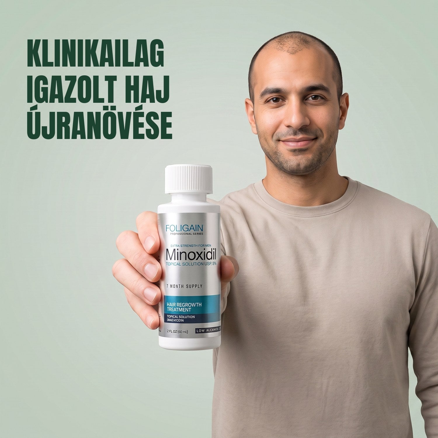 Férfi tartja a Foligain Minoxidil 5% érzékeny bőrre oldat üvegét, zöld háttér előtt