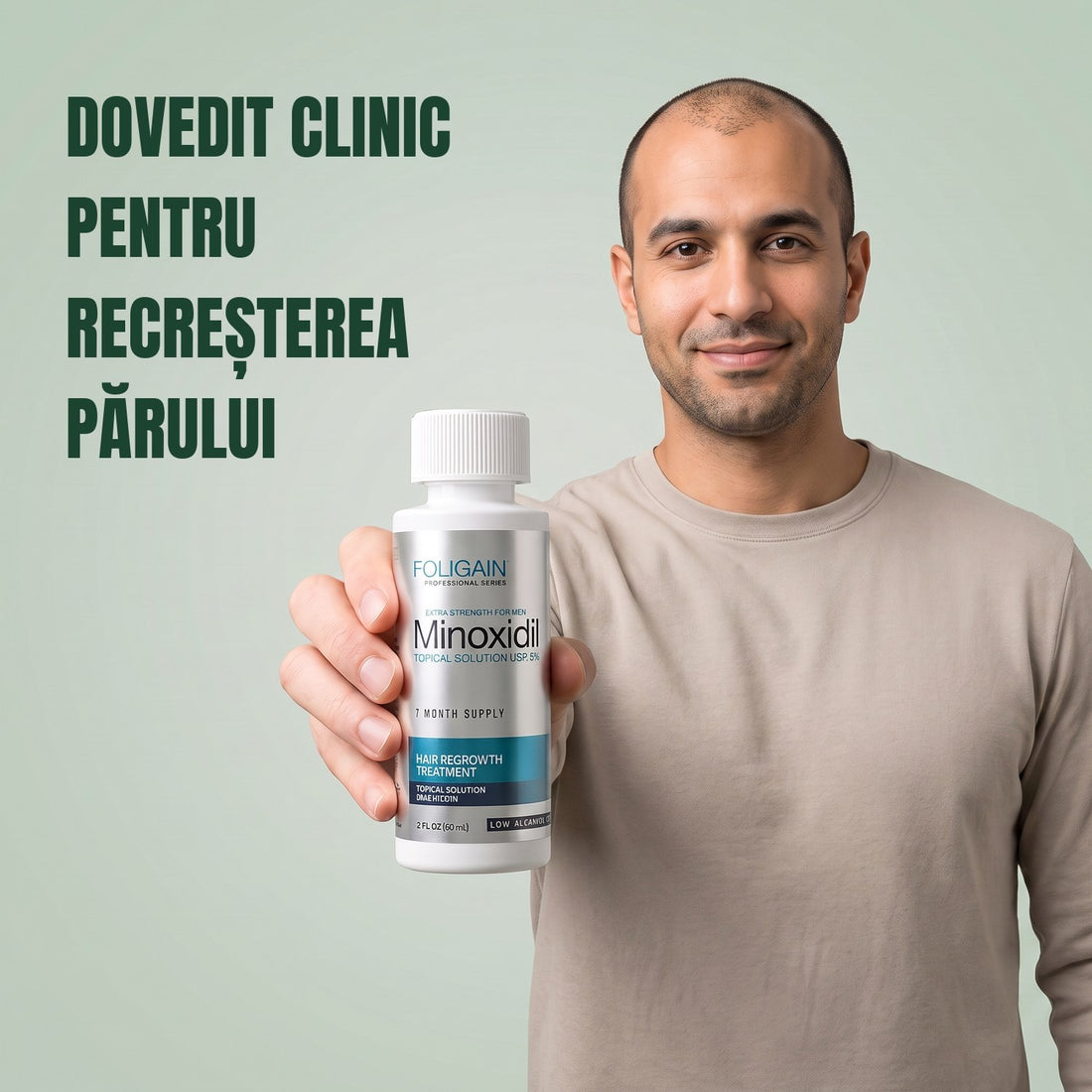 Foligain Minoxidil Loțiune 5% pentru bărbați - piele sensibilă - rezervă pentru 6 luni — ambalaj produs pe fundal alb