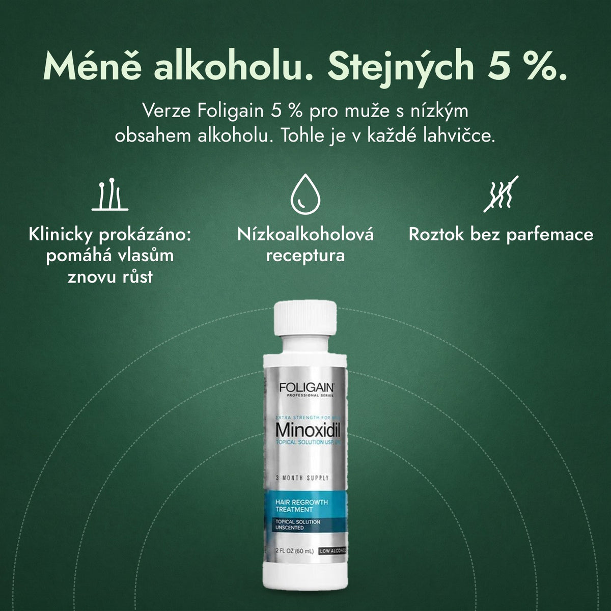 Foligain Minoxidil 5 % s nízkým obsahem alkoholu pro muže: Méně alkoholu. Stejných 5 %. Klinicky prokázáno: pomáhá vlasům znovu růst, Nízkoalkoholová receptura, Roztok bez parfemace