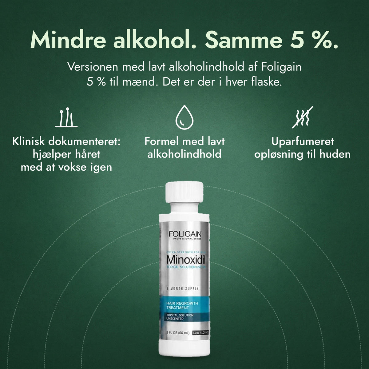Foligain Minoxidil 5 % med lavt alkoholindhold til mænd: Mindre alkohol. Samme 5 %. Klinisk dokumenteret: hjælper håret med at vokse igen, Formel med lavt alkoholindhold, Uparfumeret opløsning til huden