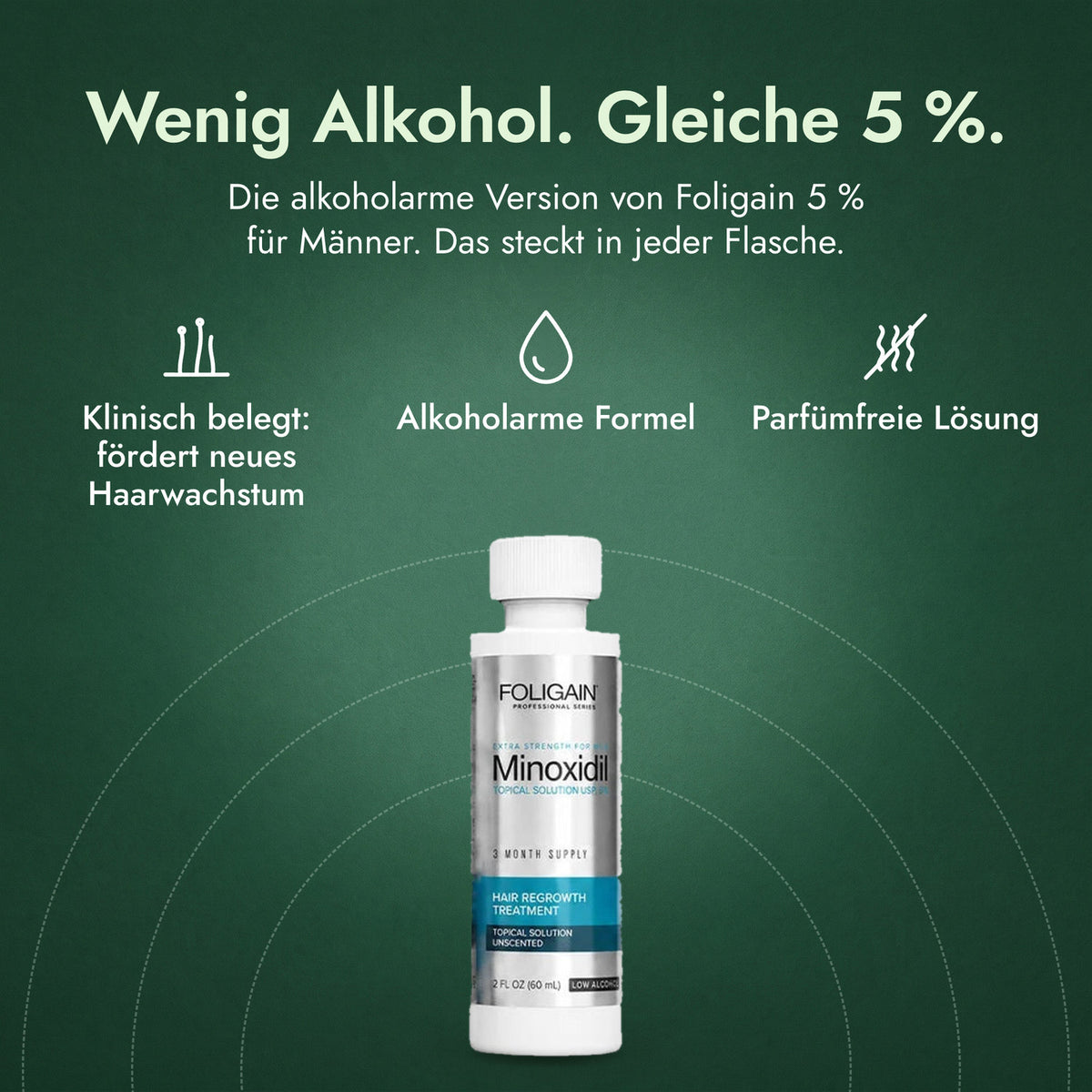 Foligain Low Alcohol Minoxidil 5 % für Männer: Wenig Alkohol. Gleiche 5 %. Klinisch belegt: fördert neues Haarwachstum, Alkoholarme Formel, Parfümfreie Lösung