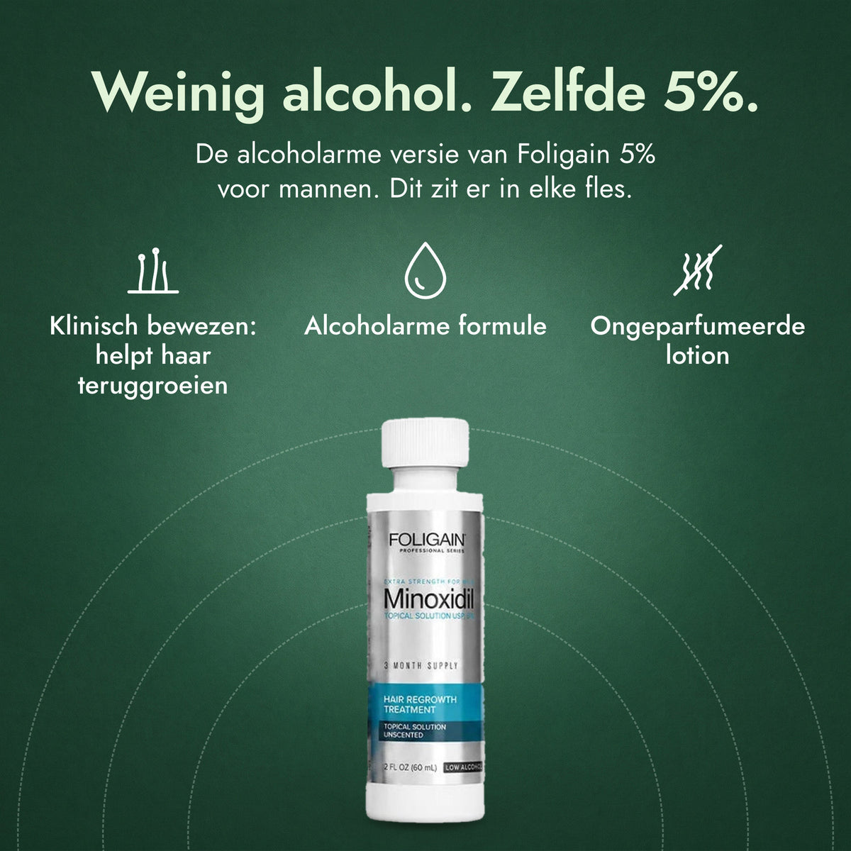 Foligain Low Alcohol Minoxidil 5% voor mannen: Weinig alcohol. Zelfde 5%. Klinisch bewezen: helpt haar teruggroeien, Alcoholarme formule, Ongeparfumeerde lotion