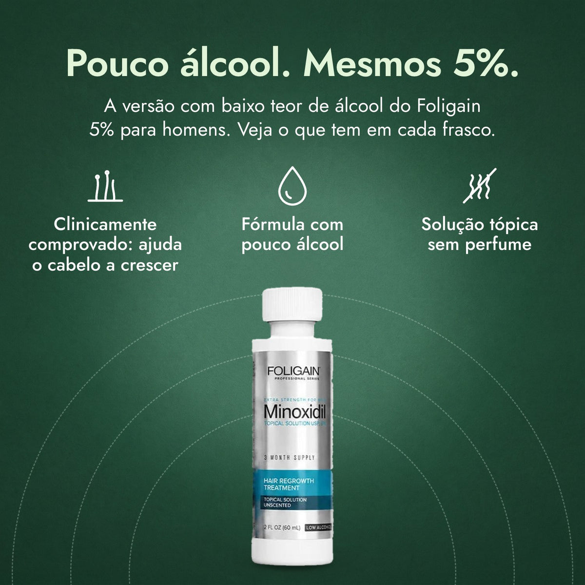 Foligain Minoxidil 5% Baixo Teor de Álcool para Homens: Pouco álcool. Mesmos 5%. Clinicamente comprovado: ajuda o cabelo a crescer, Fórmula com pouco álcool, Solução tópica sem perfume