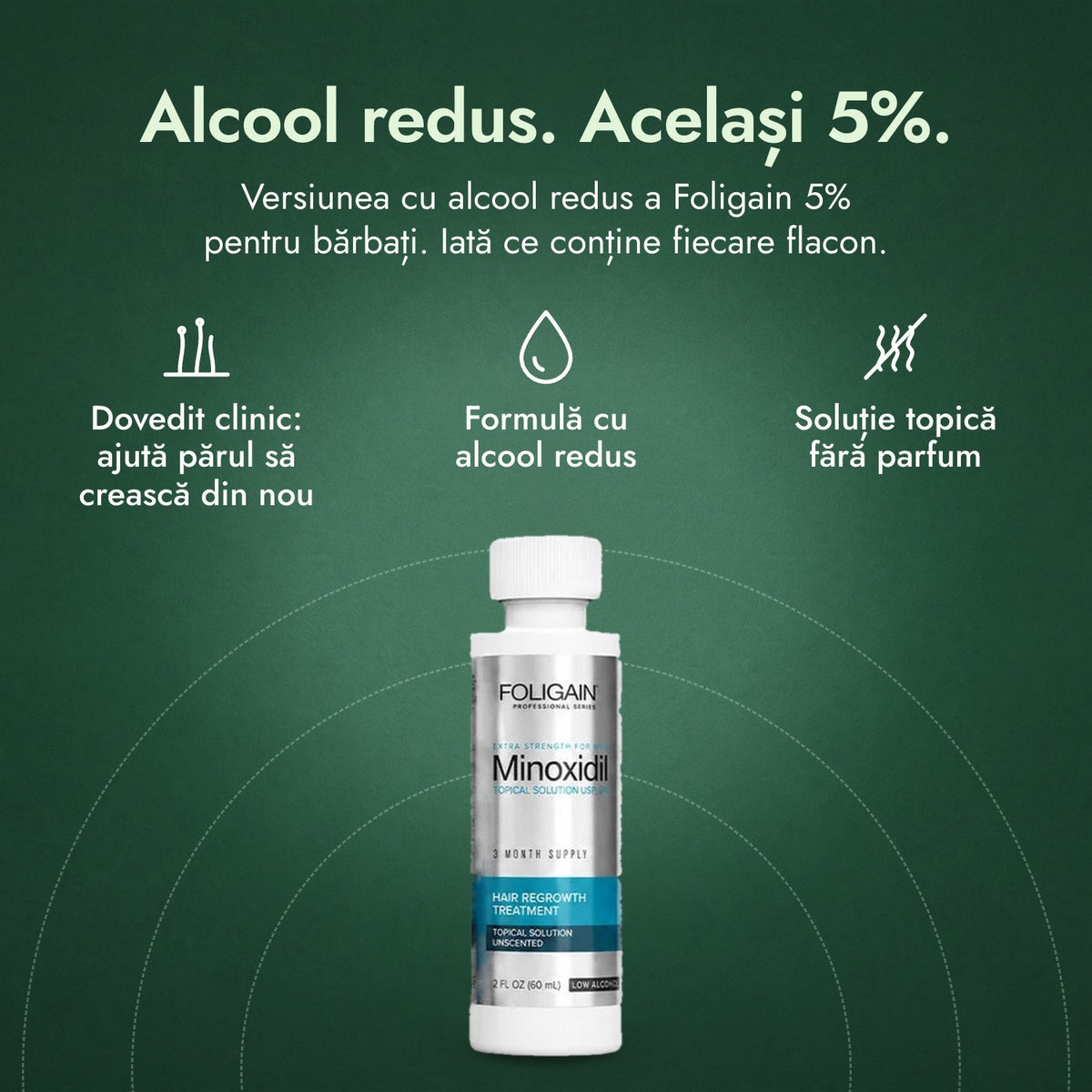 Foligain Low Alcohol minoxidil 5% pentru bărbați: Alcool redus. Același 5%. Dovedit clinic: ajută părul să crească din nou, Formulă cu alcool redus, Soluție topică fără parfum