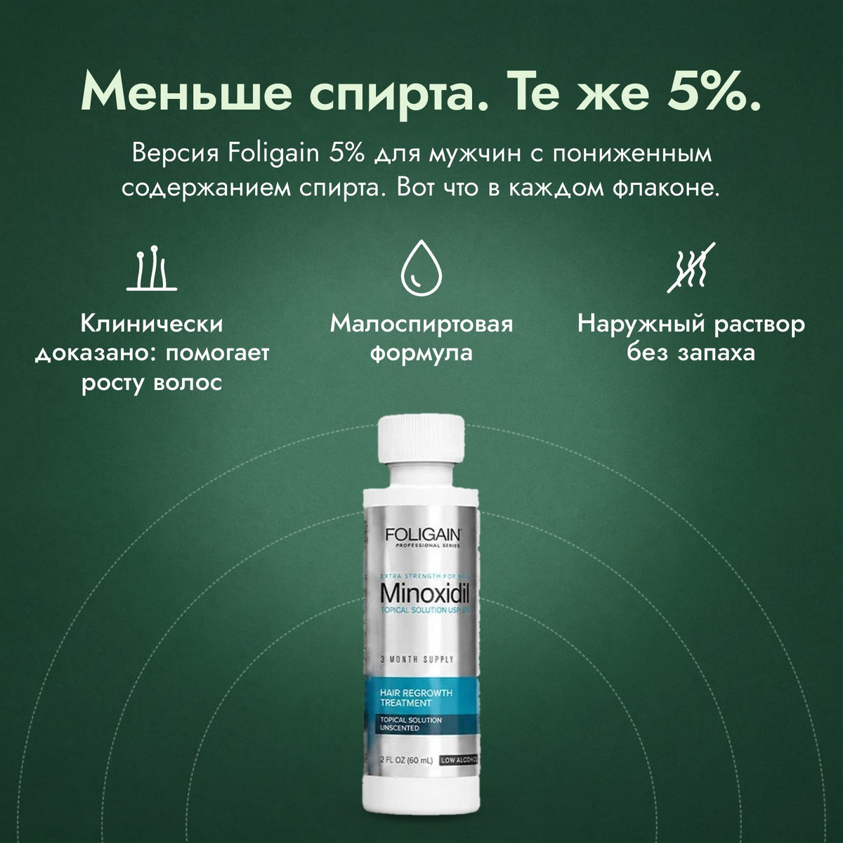 Foligain Low Alcohol, миноксидил 5% для мужчин: Меньше спирта. Те же 5%. Клинически доказано: помогает росту волос, Малоспиртовая формула, Наружный раствор без запаха