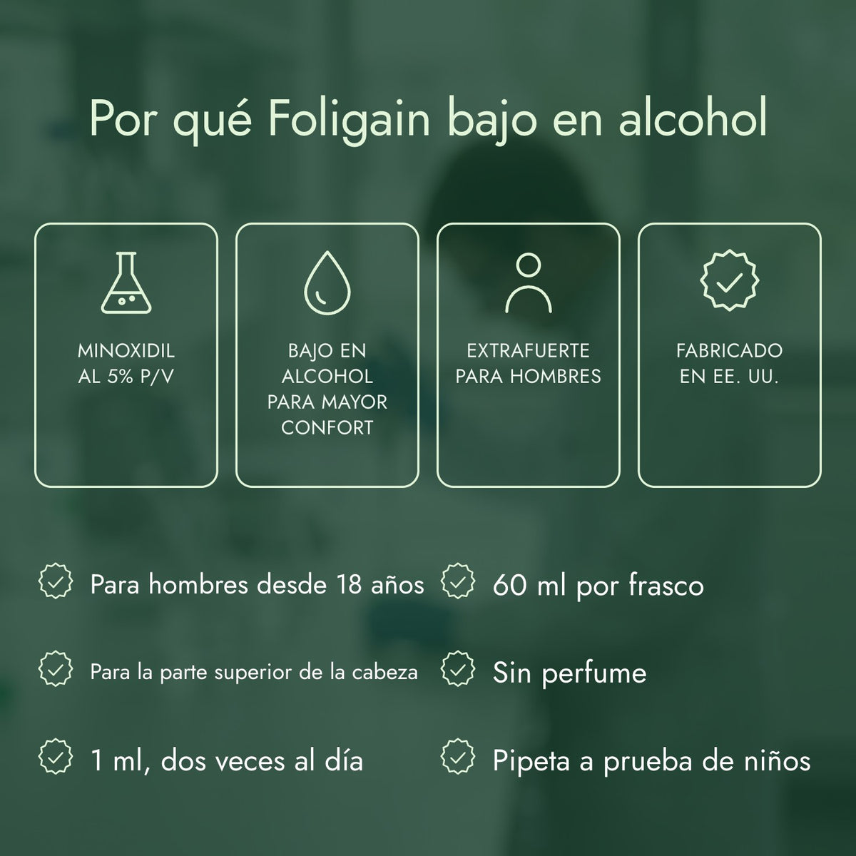 Por qué Foligain bajo en alcohol: Minoxidil al 5% p/v, Bajo en alcohol para mayor confort, Extrafuerte para hombres, Fabricado en EE. UU.