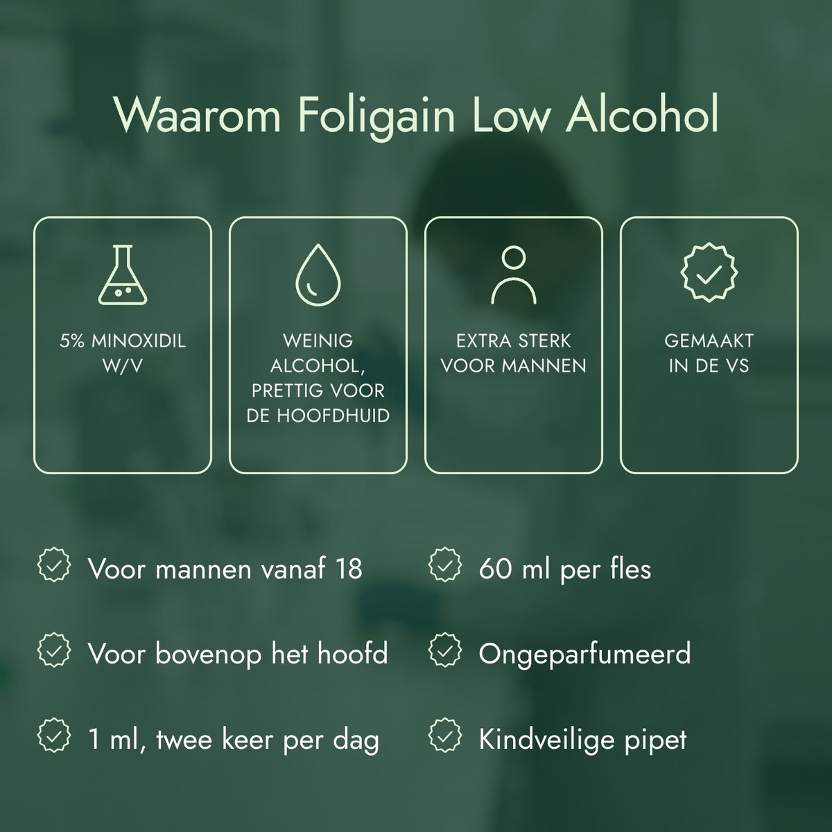 Waarom Foligain Low Alcohol: 5% minoxidil w/v, Weinig alcohol, prettig voor de hoofdhuid, Extra sterk voor mannen, Gemaakt in de VS